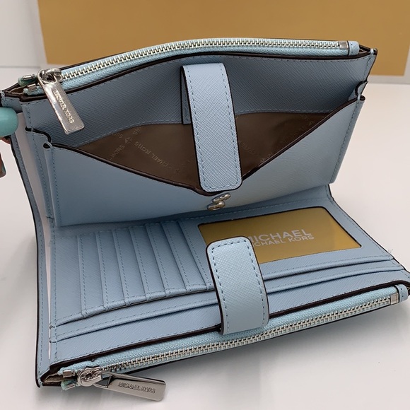 MICHAEL KORS JET SET TRAVEL 35F8GTVWOL VISTA BLUE LG DOUBLE ZIP WRSTLT LEATHER - Picture 8 of 14